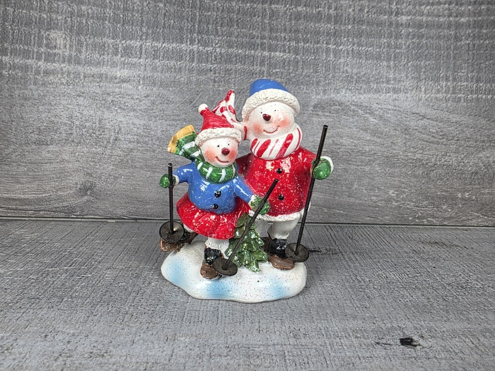 Vintage Snowman & Child Skiing Figurine Village Shine Tree 3.5X2.5" g78a7